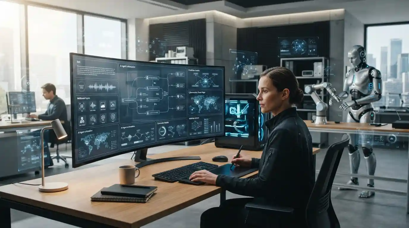 Advanced AI interface showing interconnected technology, data analysis, AI agents and robotics in a modern workspace