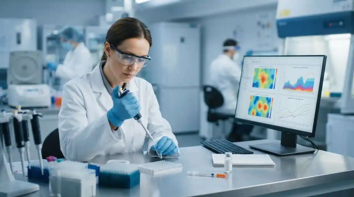 Scientist examining COVID-19 samples beside vaccination supplies in a modern medical laboratory
