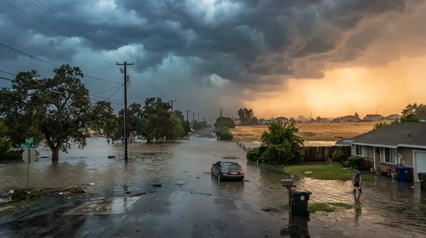 Storm clouds and heavy rainfall over a flooded American residential area during extreme weather