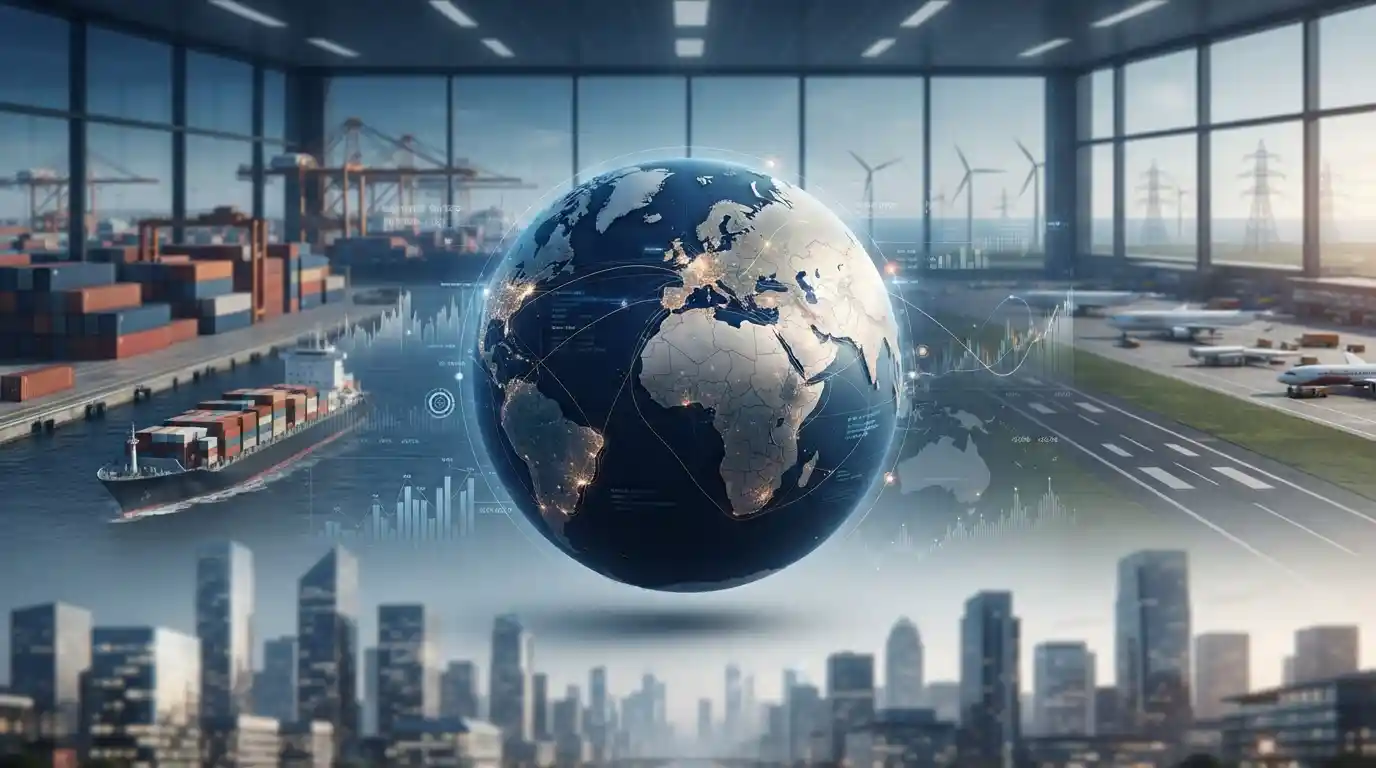 World map surrounded by financial markets, shipping infrastructure, technology, and energy systems representing global economic change