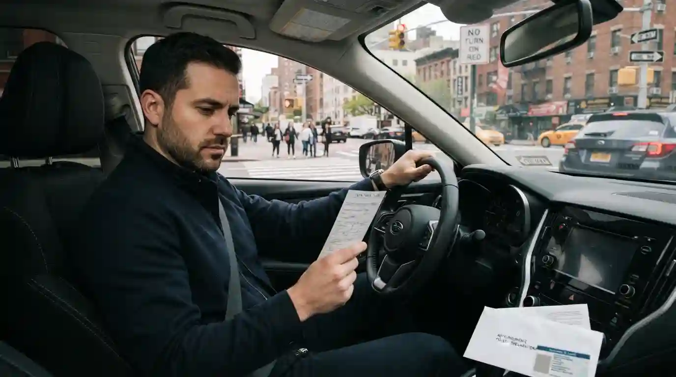 New York driver holding a traffic citation near a vehicle at a traffic-controlled intersection