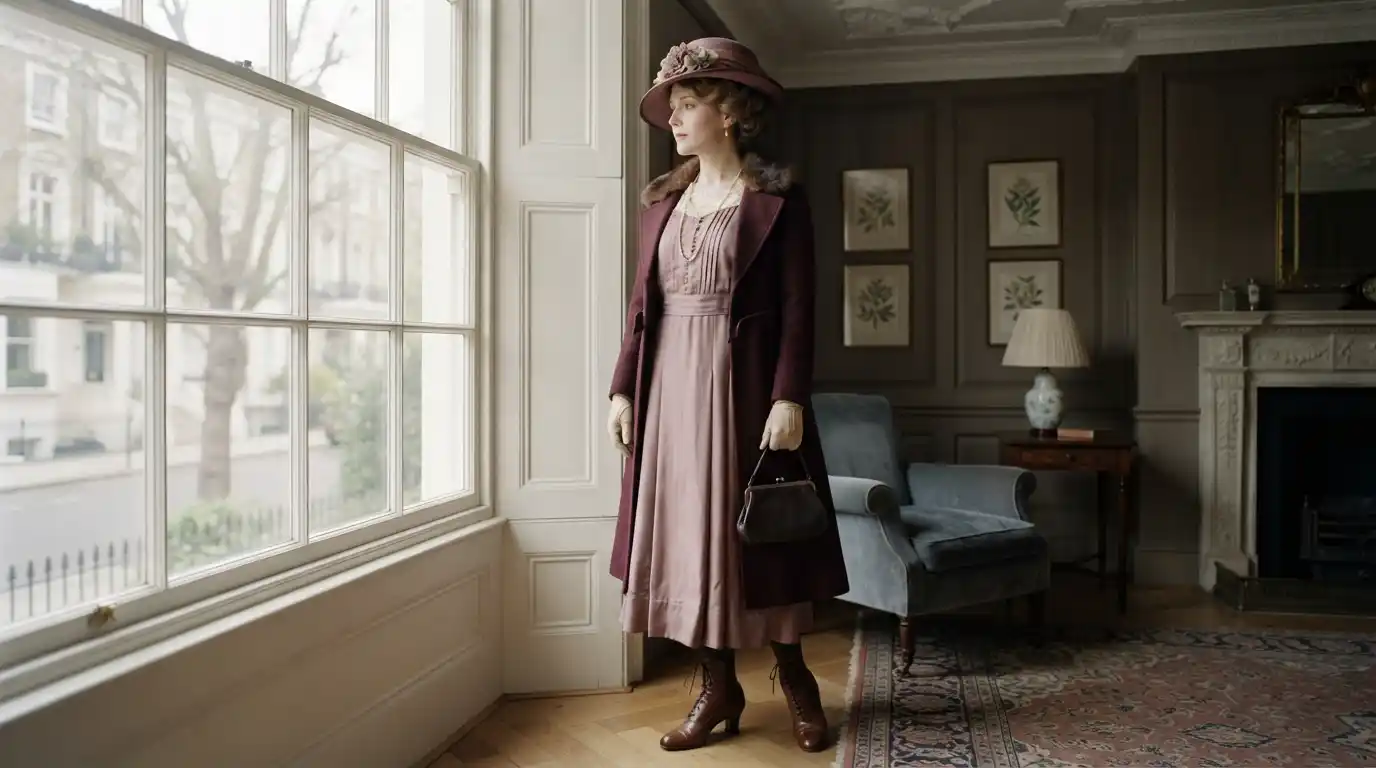 Woman wearing an elegant 1919 dress with a period hat and coordinated accessories