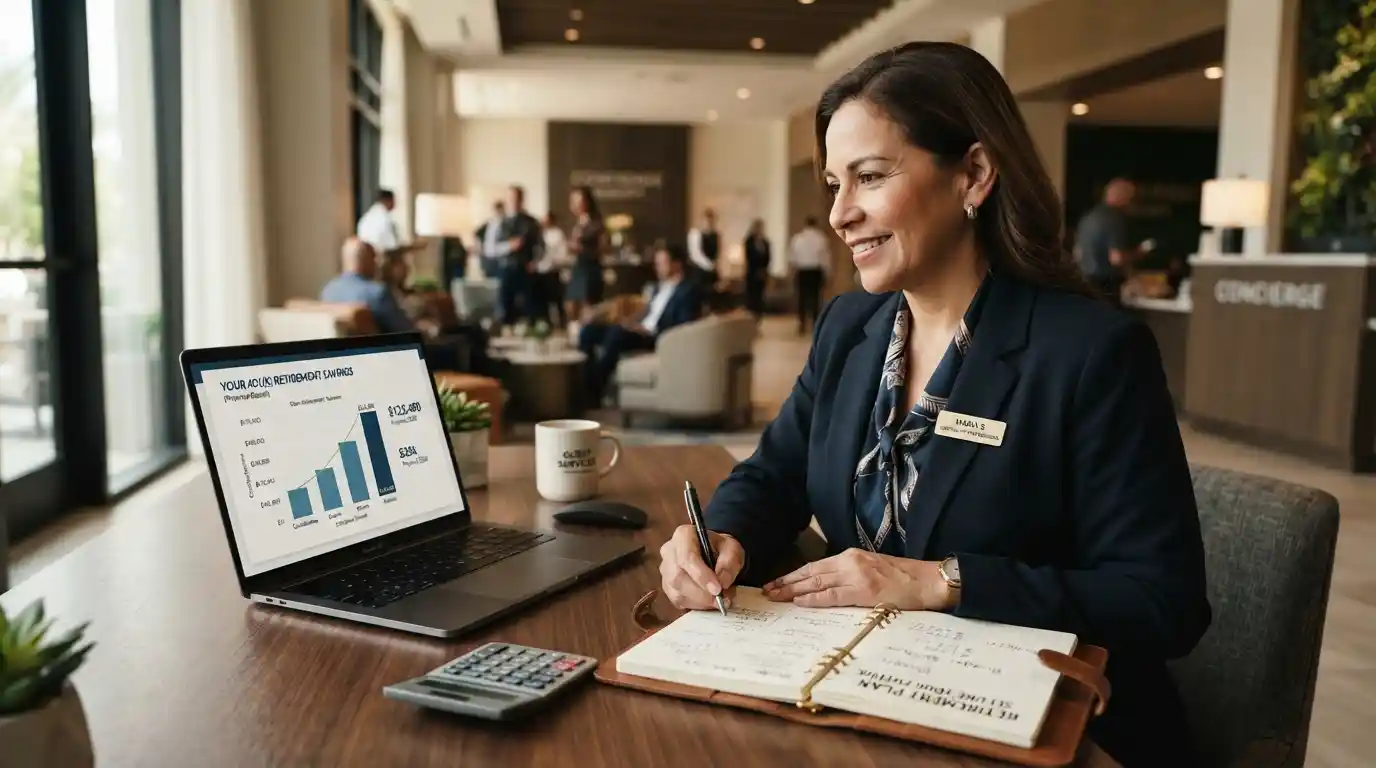 Employee reviewing a 401(k) retirement savings plan on a laptop in a professional hospitality setting