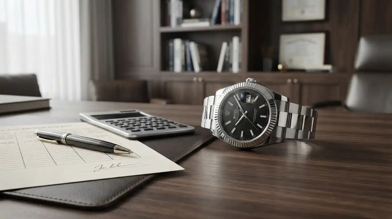 Luxury wristwatch beside a calculator and payment planning documents