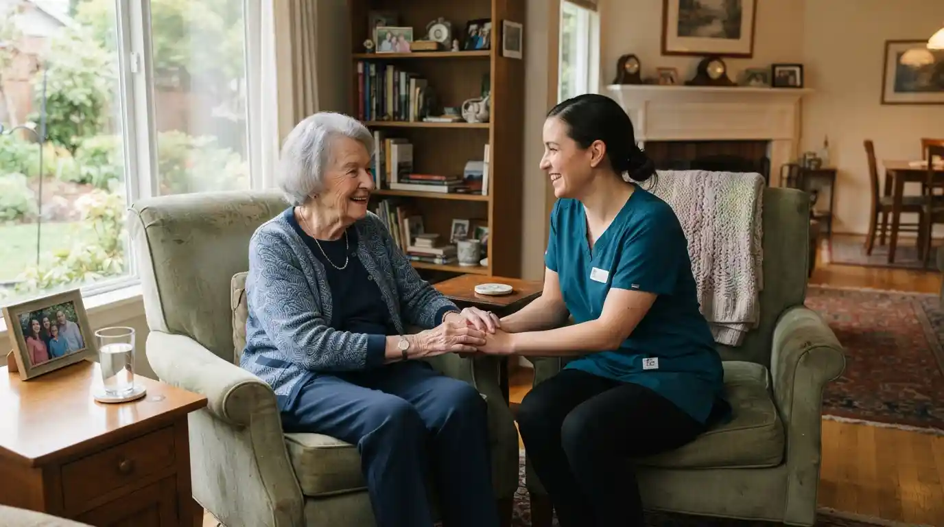 Professional caregiver talking with an older woman in a comfortable home setting