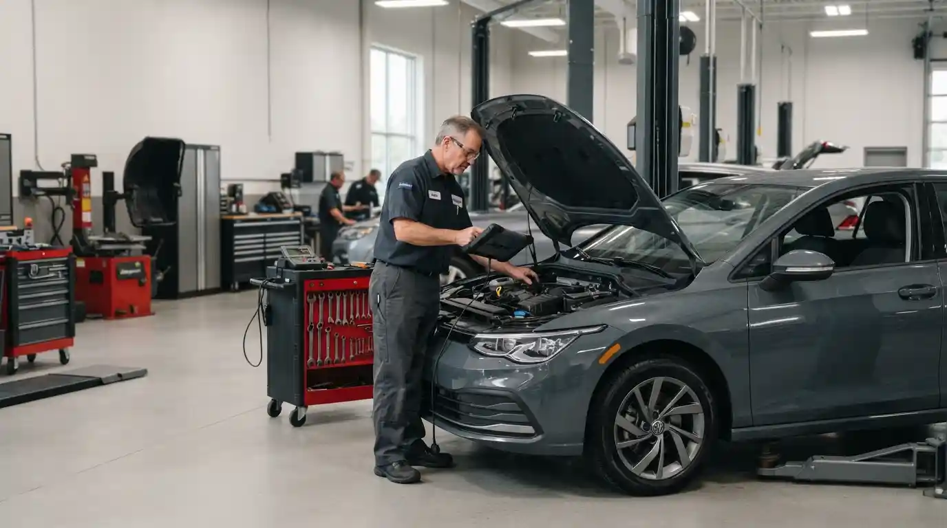 Automotive technician inspecting a passenger vehicle in a professional repair shop