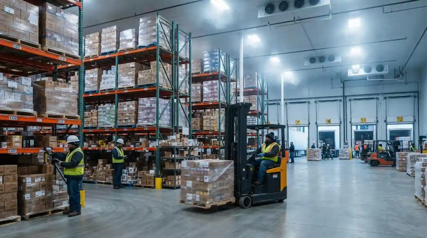 Temperature-controlled warehouse with pallet storage and forklift operations representing cold-chain logistics in Logan