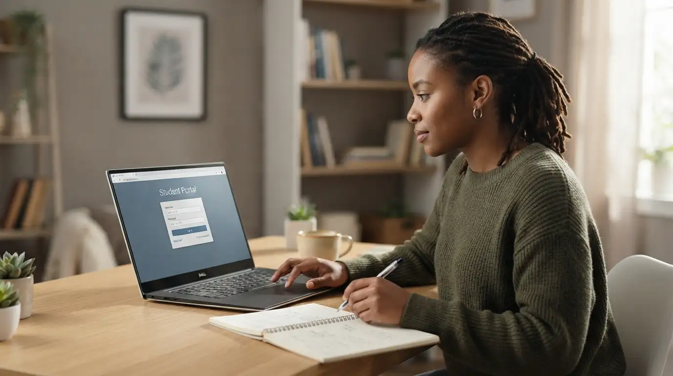 Student accessing an online education login portal on a laptop at a study desk