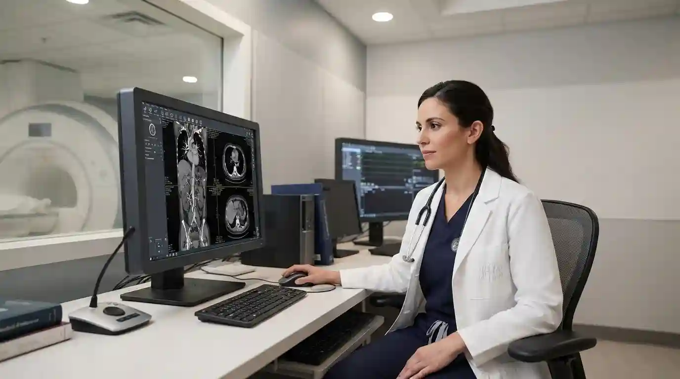 Healthcare professional reviewing diagnostic medical imaging on a clinical monitor