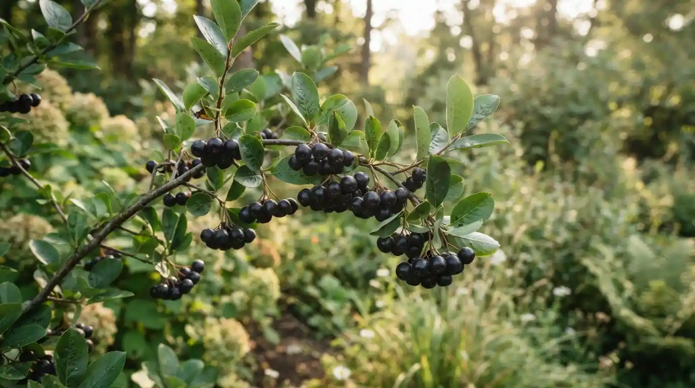 Clusters of dark aronia berries growing on a leafy black chokeberry shrub