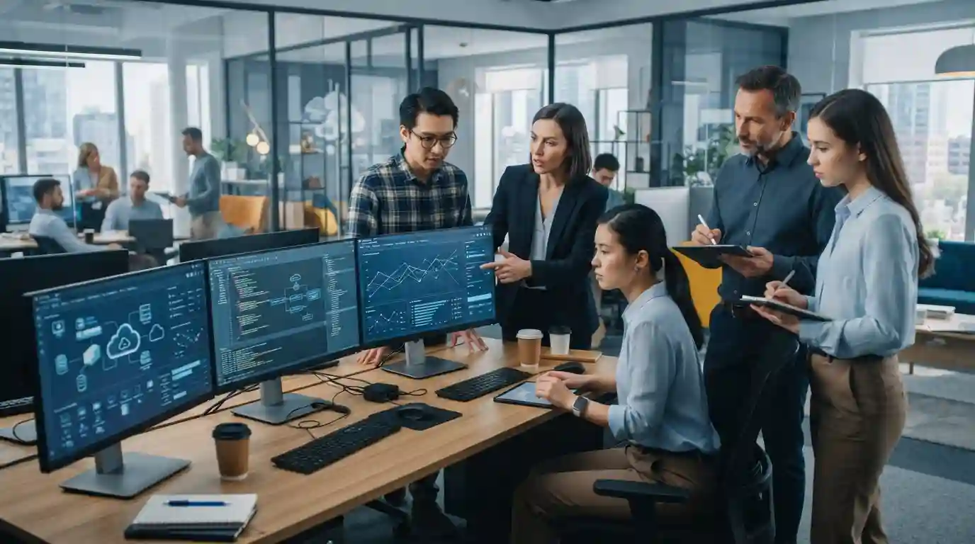 Technology professionals collaborating on software and digital business solutions in a modern office