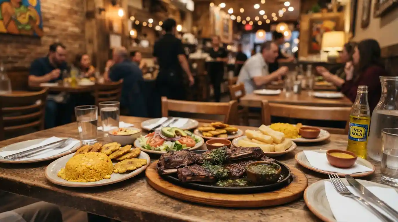 Latin American dishes served on a table in a warm Jackson Heights restaurant setting