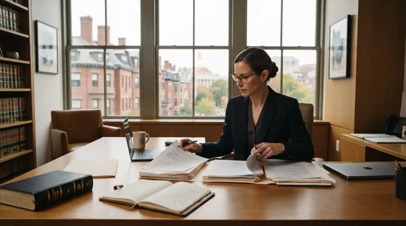Professional attorney reviewing legal documents in a Boston-style legal office
