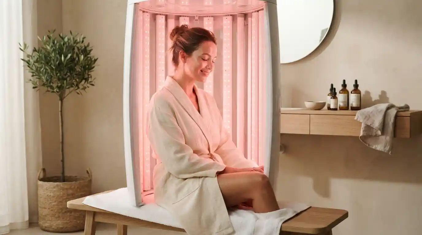 Woman using a Beauty Angel 7200-style light therapy device during a home skincare routine