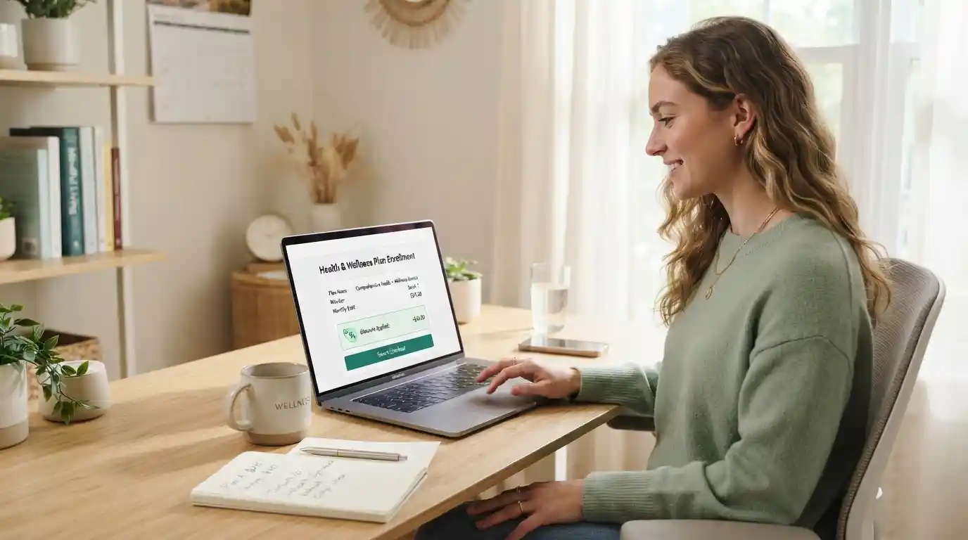Person reviewing a healthcare wellness plan and savings offer on a laptop