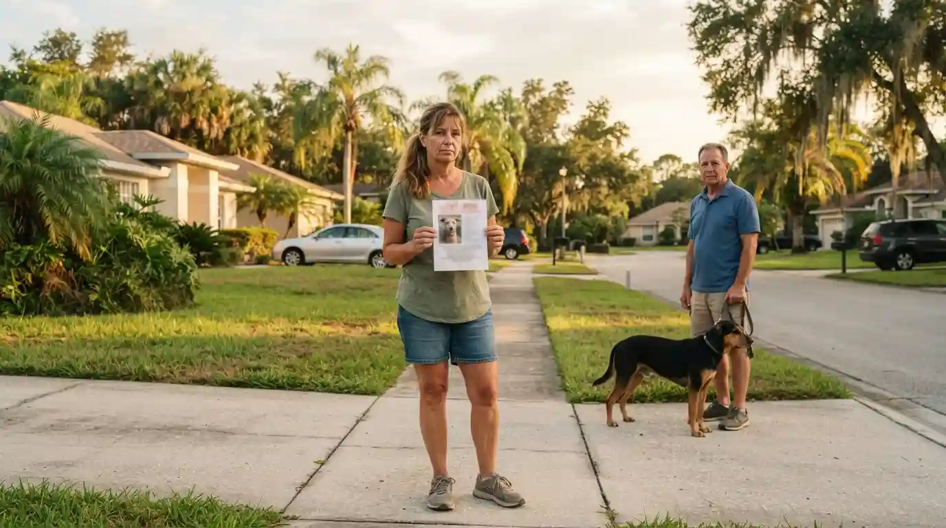Pet owner searching a Florida neighborhood with a missing pet flyer
