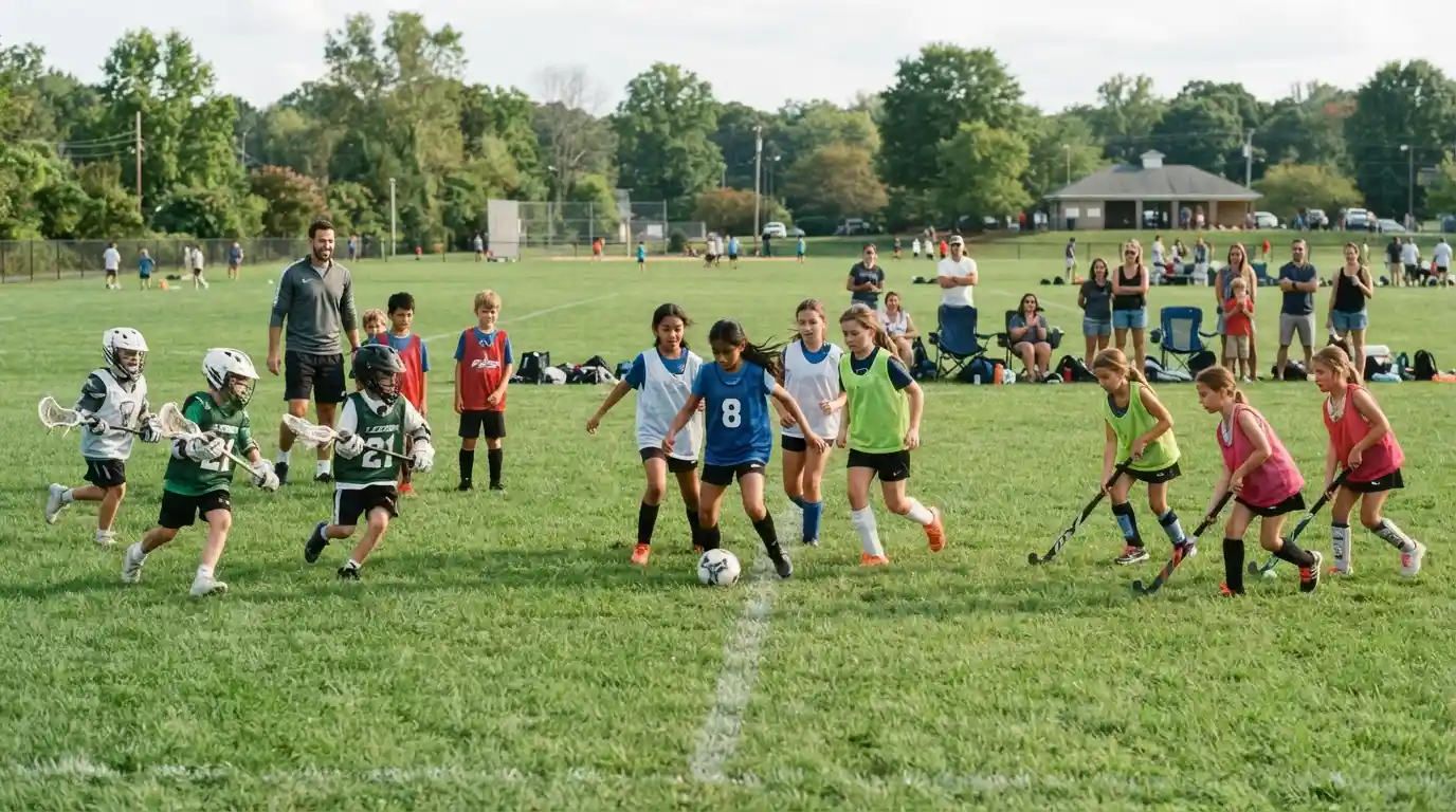 Young athletes participating in community youth sports on an outdoor field in Broadneck, Maryland