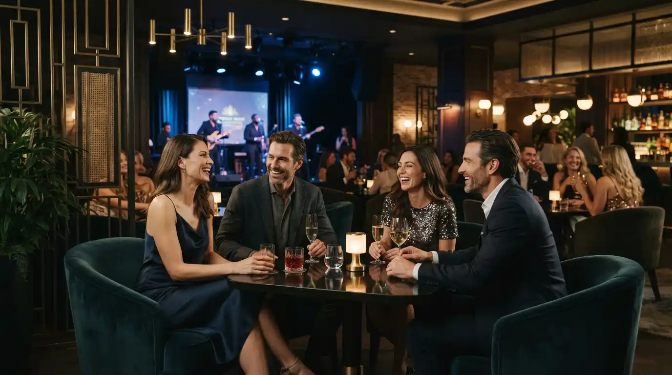 Stylish guests enjoying an upscale entertainment experience in a modern venue at night