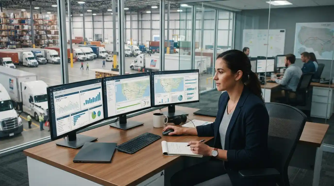 Logistics manager reviewing transportation operations in a modern logistics office