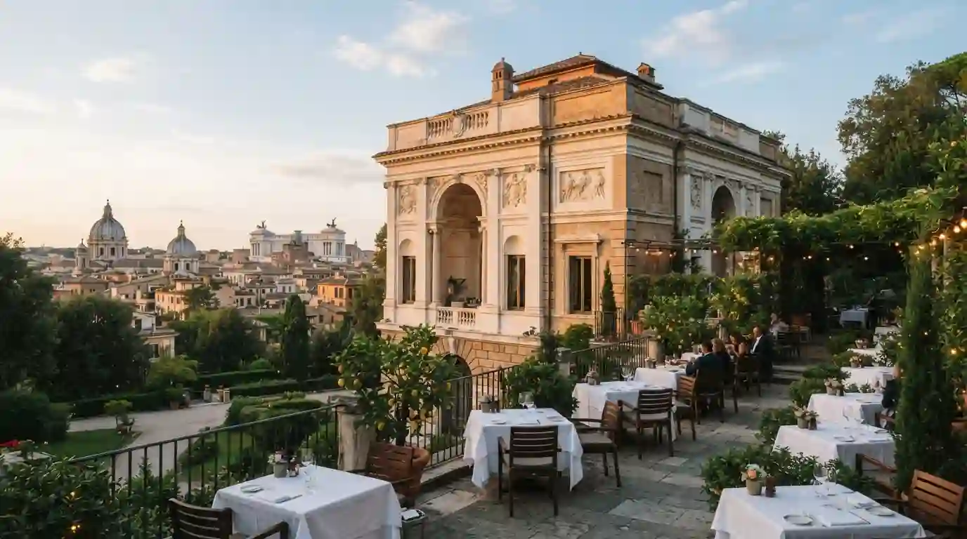 Historic Casina Valadier restaurant overlooking Rome near Villa Borghese