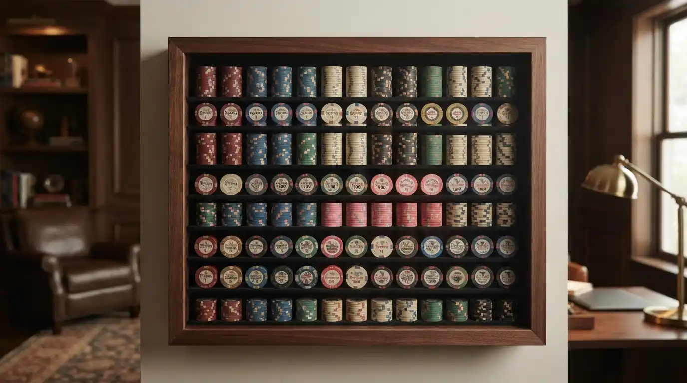Colorful casino chips arranged inside an elegant glass-front collector display
