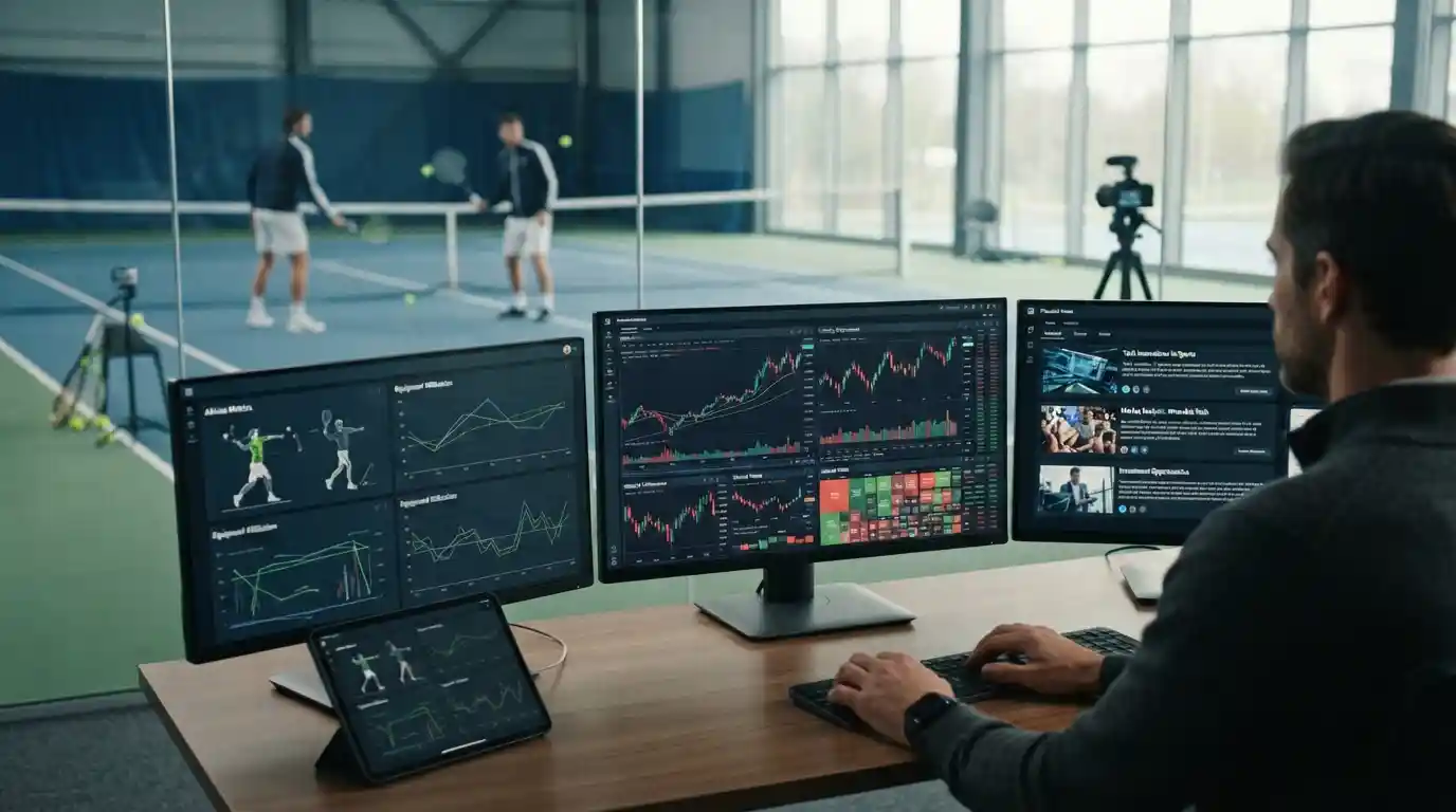 Sports technology equipment beside a financial market analysis workstation