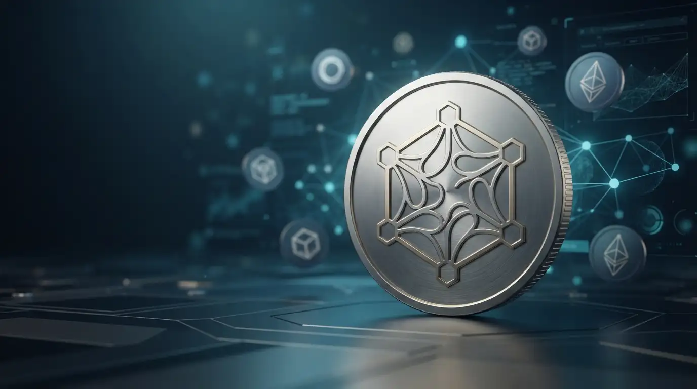A metallic cryptocurrency coin with an abstract geometric logo in a modern digital finance environment