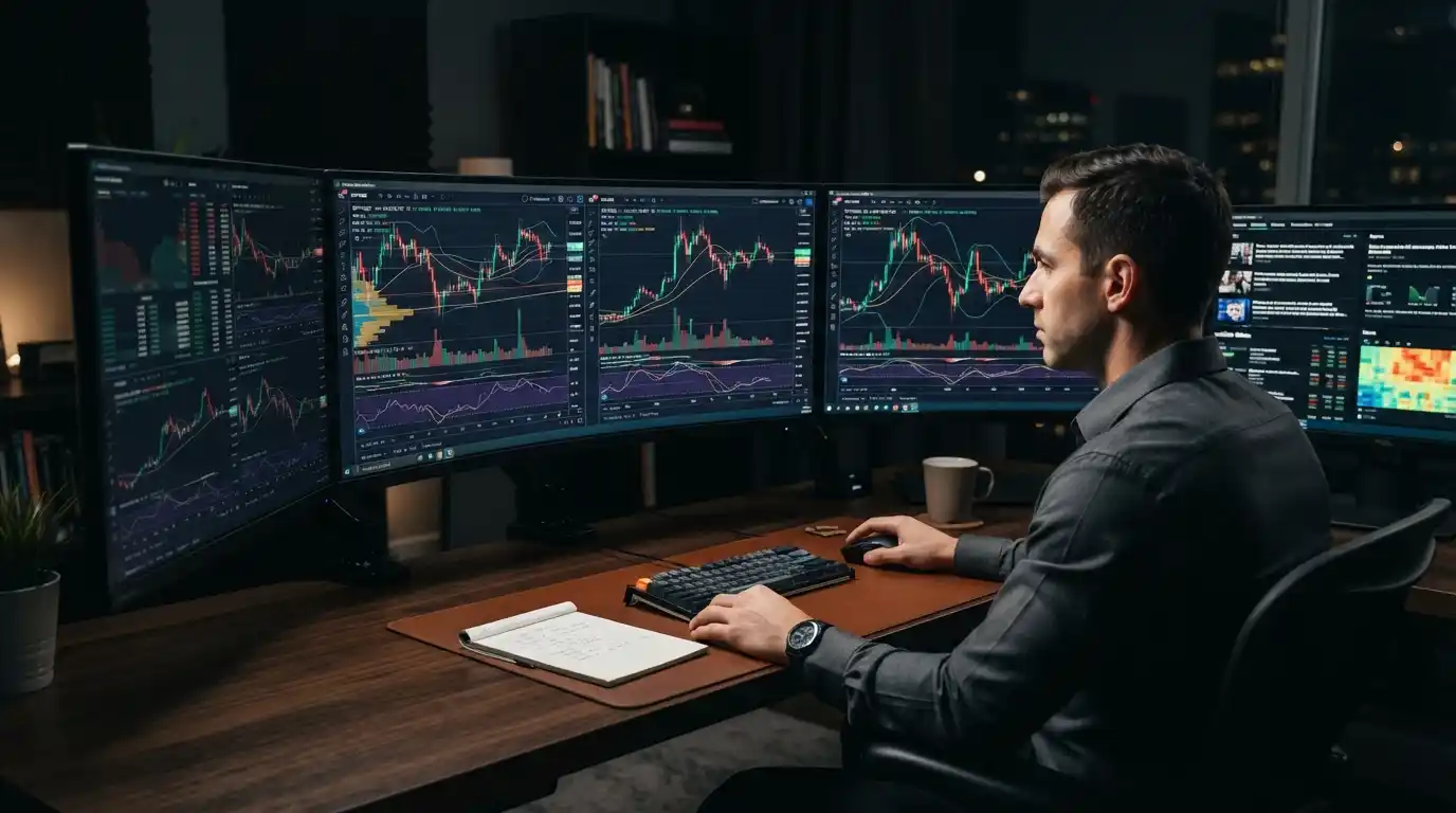 Trader analyzing cryptocurrency candlestick charts and market data on multiple monitors