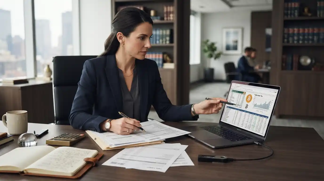 Tax attorney reviewing cryptocurrency transaction records and digital asset tax documents