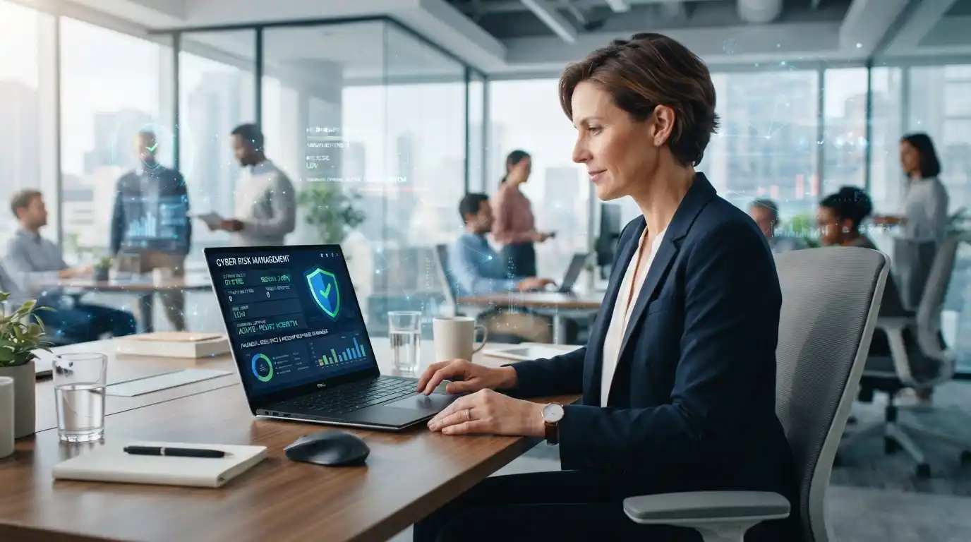 Business laptop displaying a cybersecurity protection interface in a modern office setting