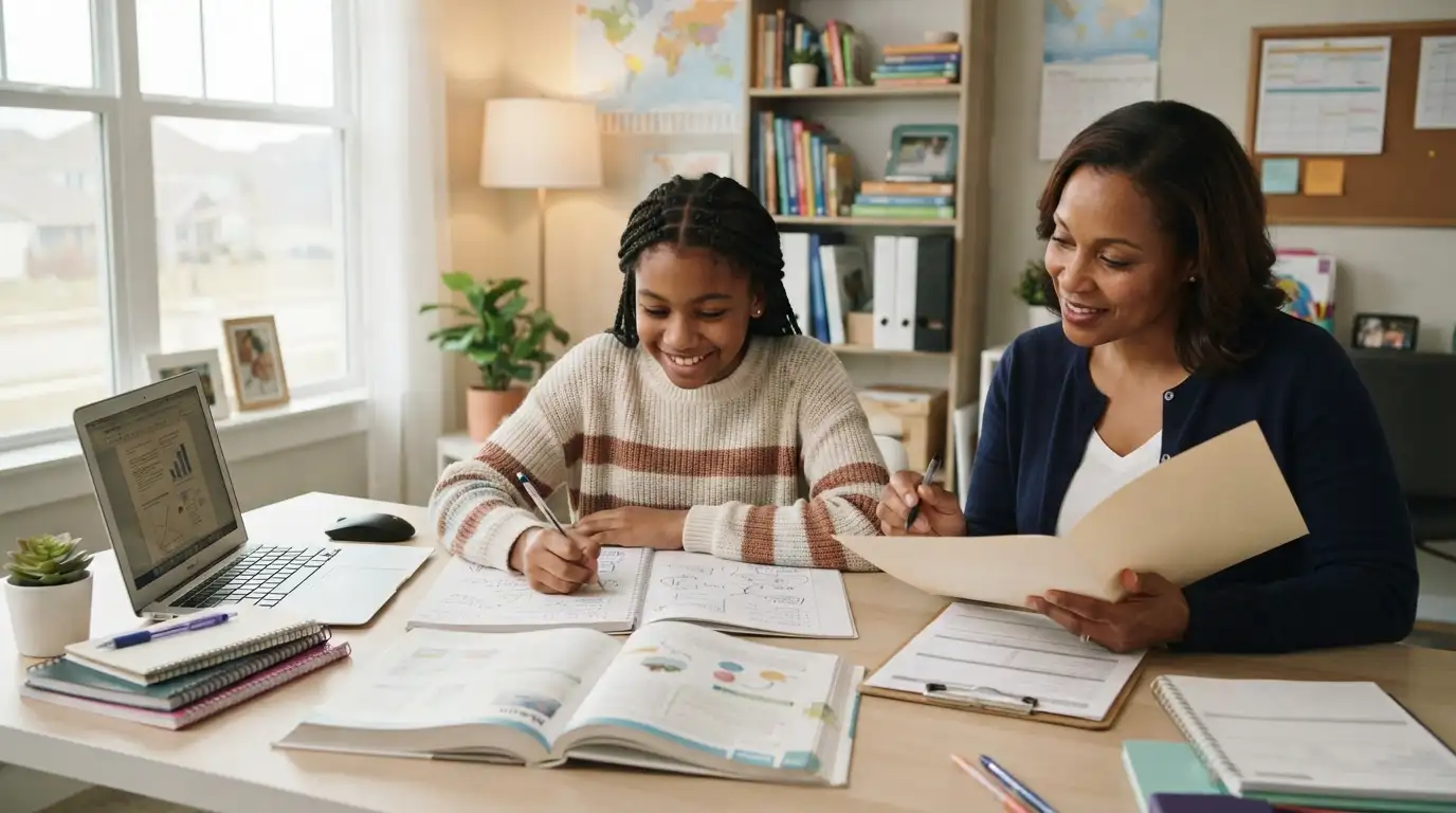 Student reviewing scholarship and education planning materials at a study desk