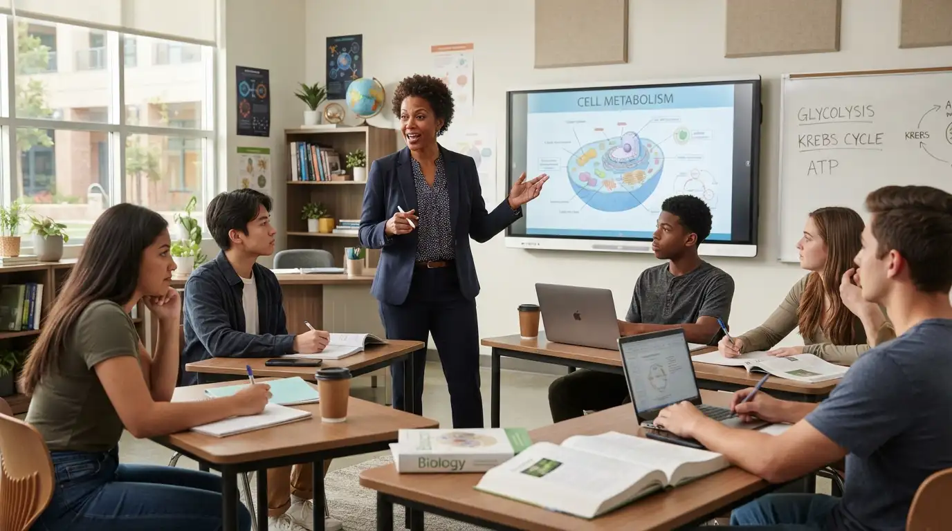 Educator teaching students in a modern classroom as part of a professional education career