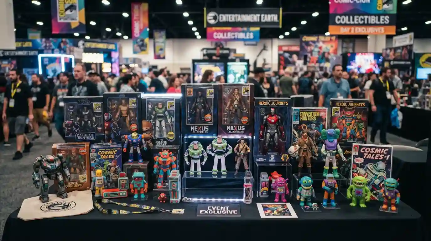 Entertainment Earth SDCC 2024 collectibles displayed in a comic convention setting