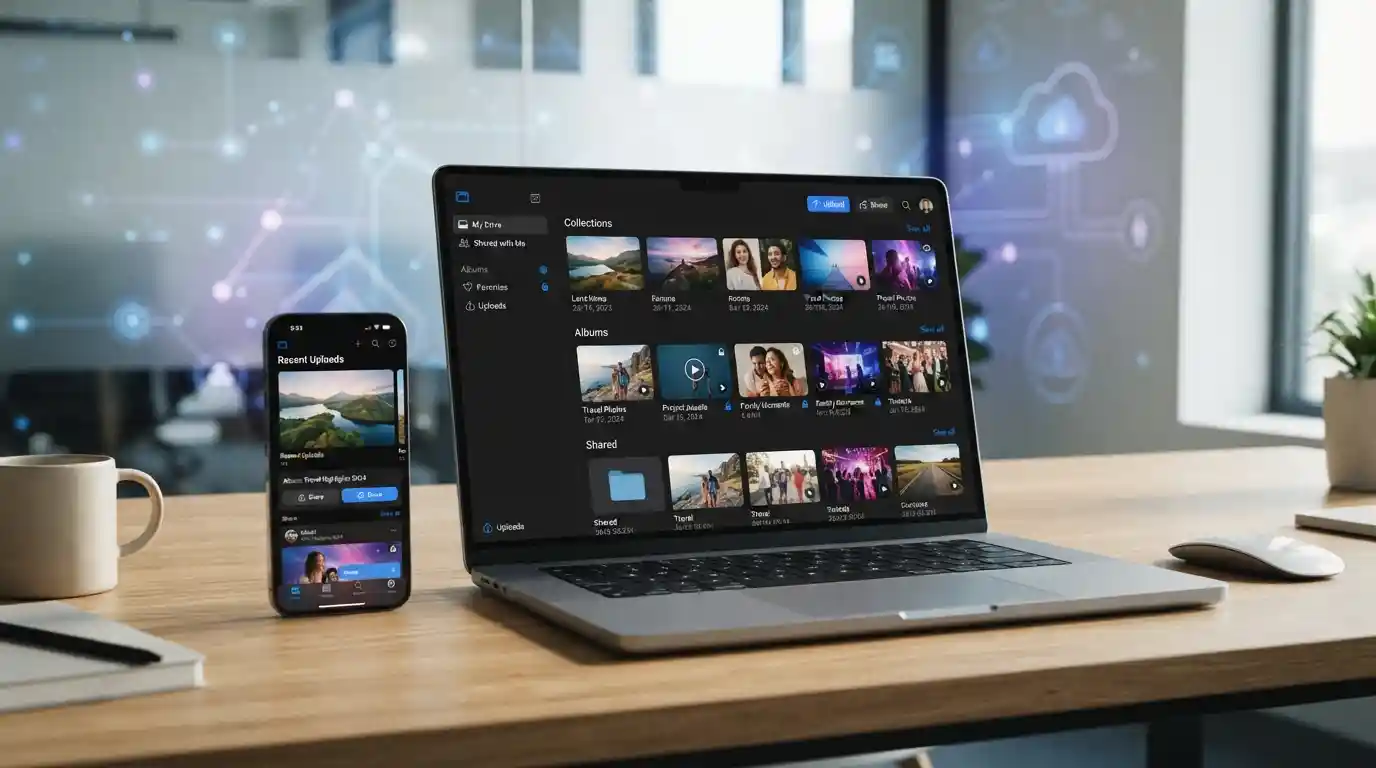Laptop and smartphone showing an organized digital media gallery with sharing and privacy controls