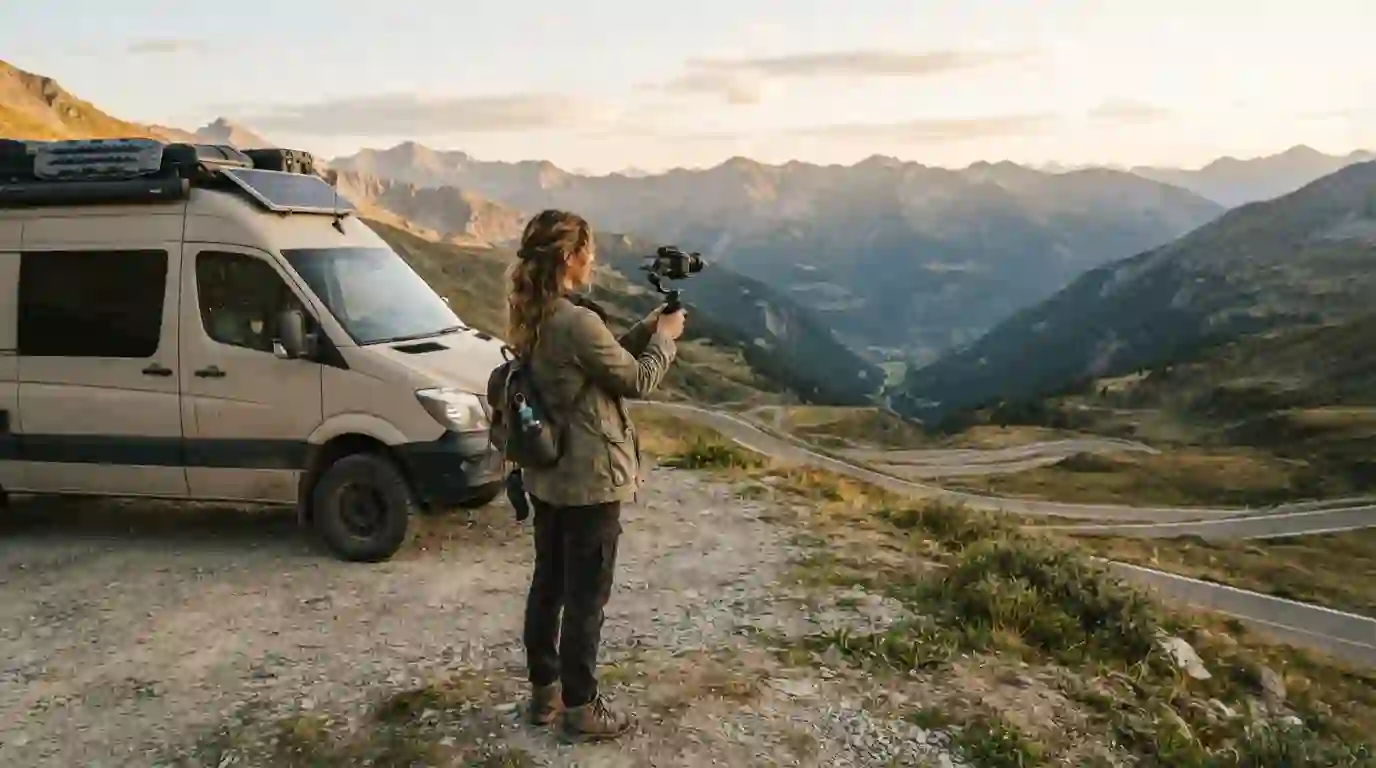Travel creator filming an adventurous road trip beside a camper vehicle and mountain landscape