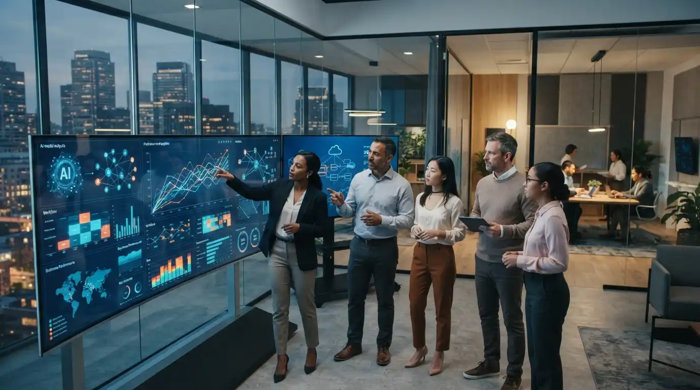 Business professionals analyzing AI-powered analytics and connected technology systems in a modern corporate workspace.