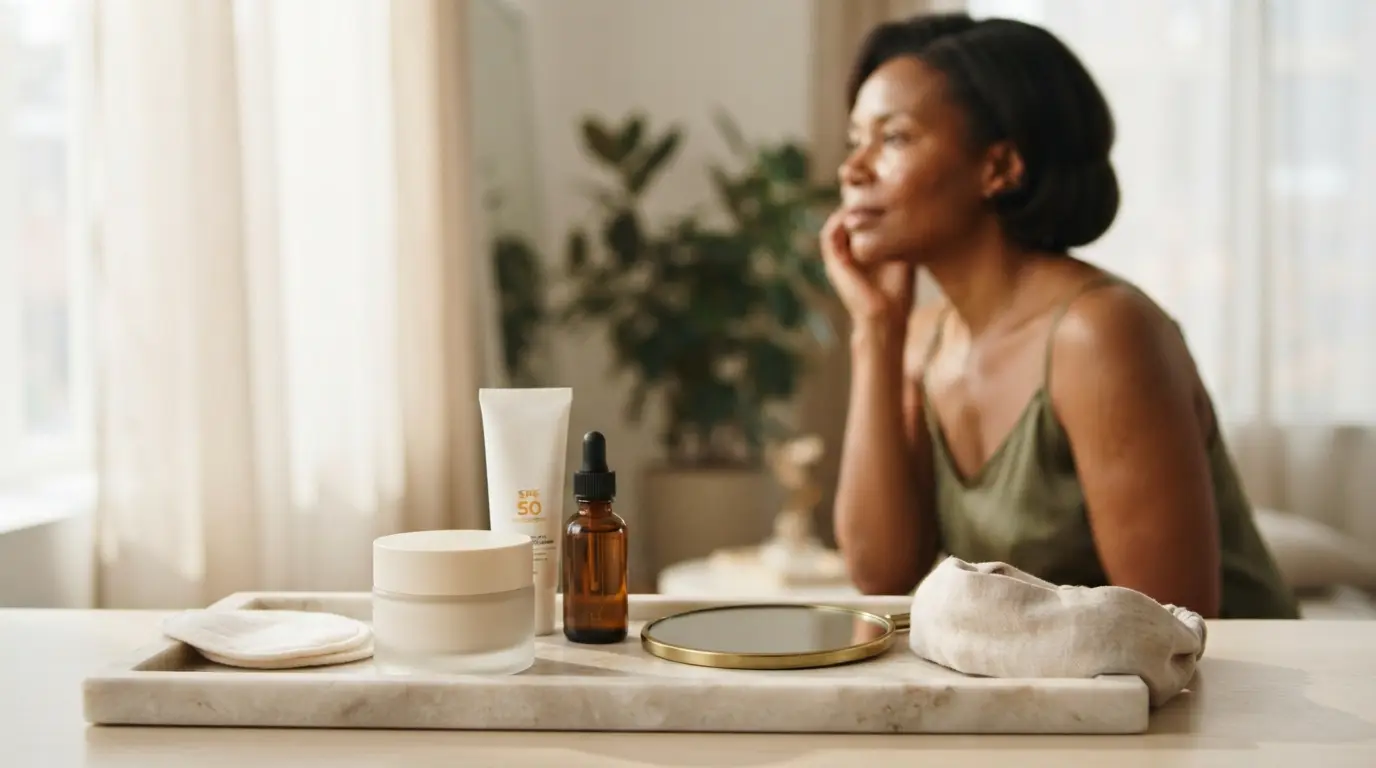 Skincare cream and sunscreen arranged on a vanity beside a woman examining her complexion in a mirror