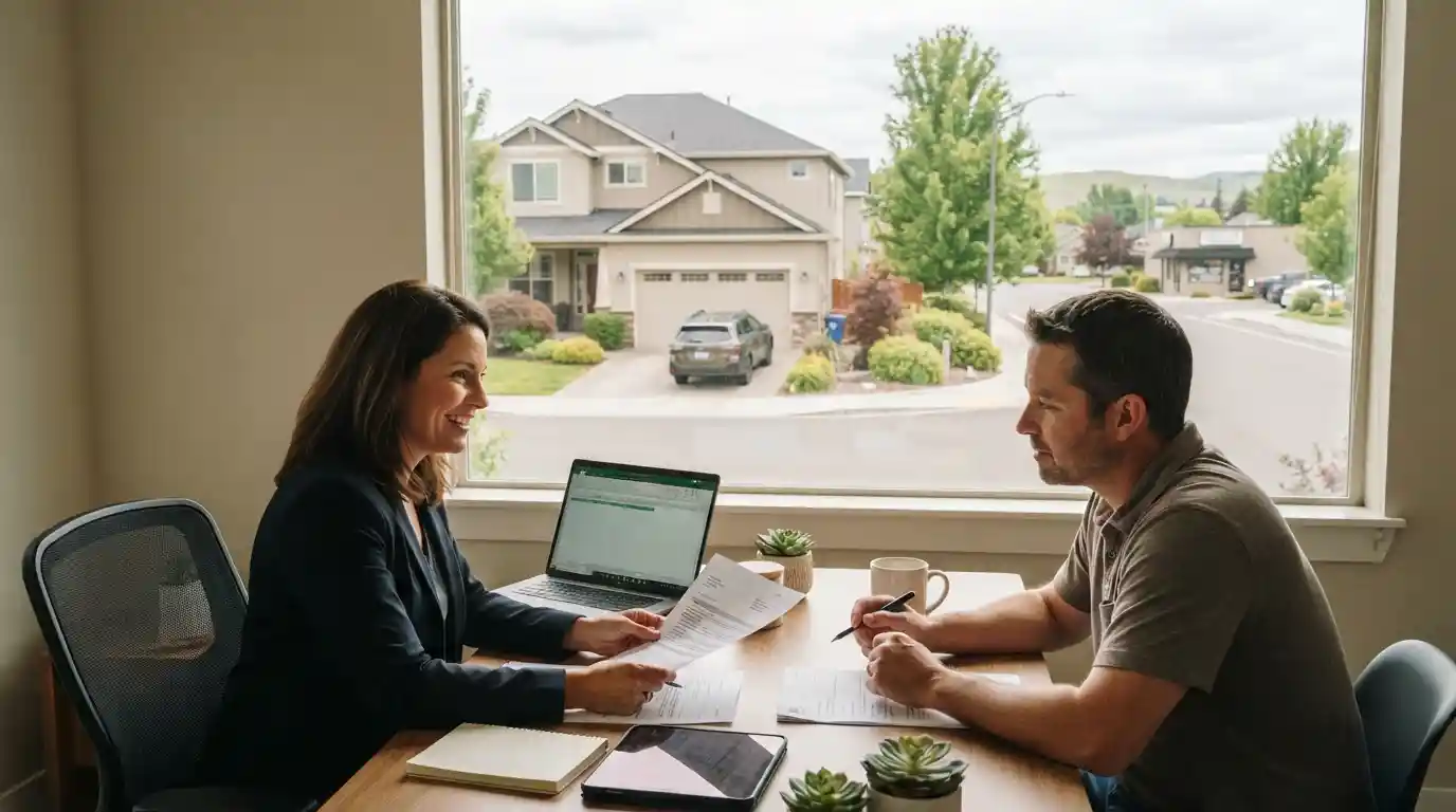 Insurance advisor reviewing coverage options with a client near a home and vehicle in Pasco, Washington