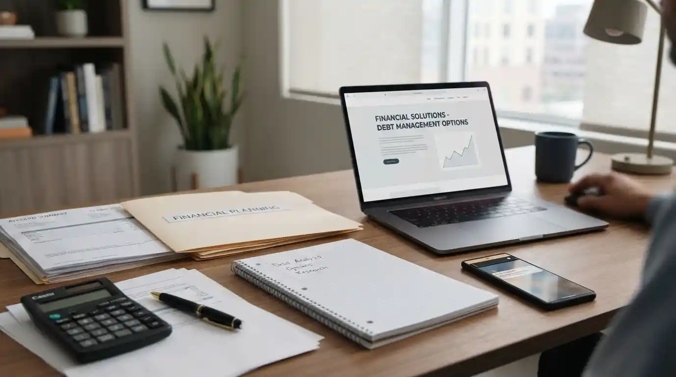 Financial documents and a laptop arranged on a desk for reviewing a debt-related financial matter