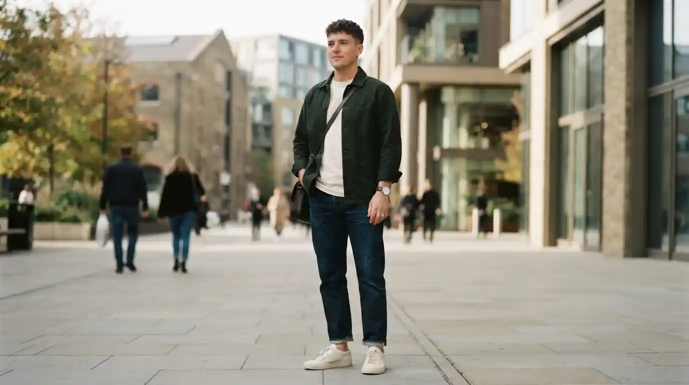 Confident trans man wearing a modern masculine casual outfit in an urban setting