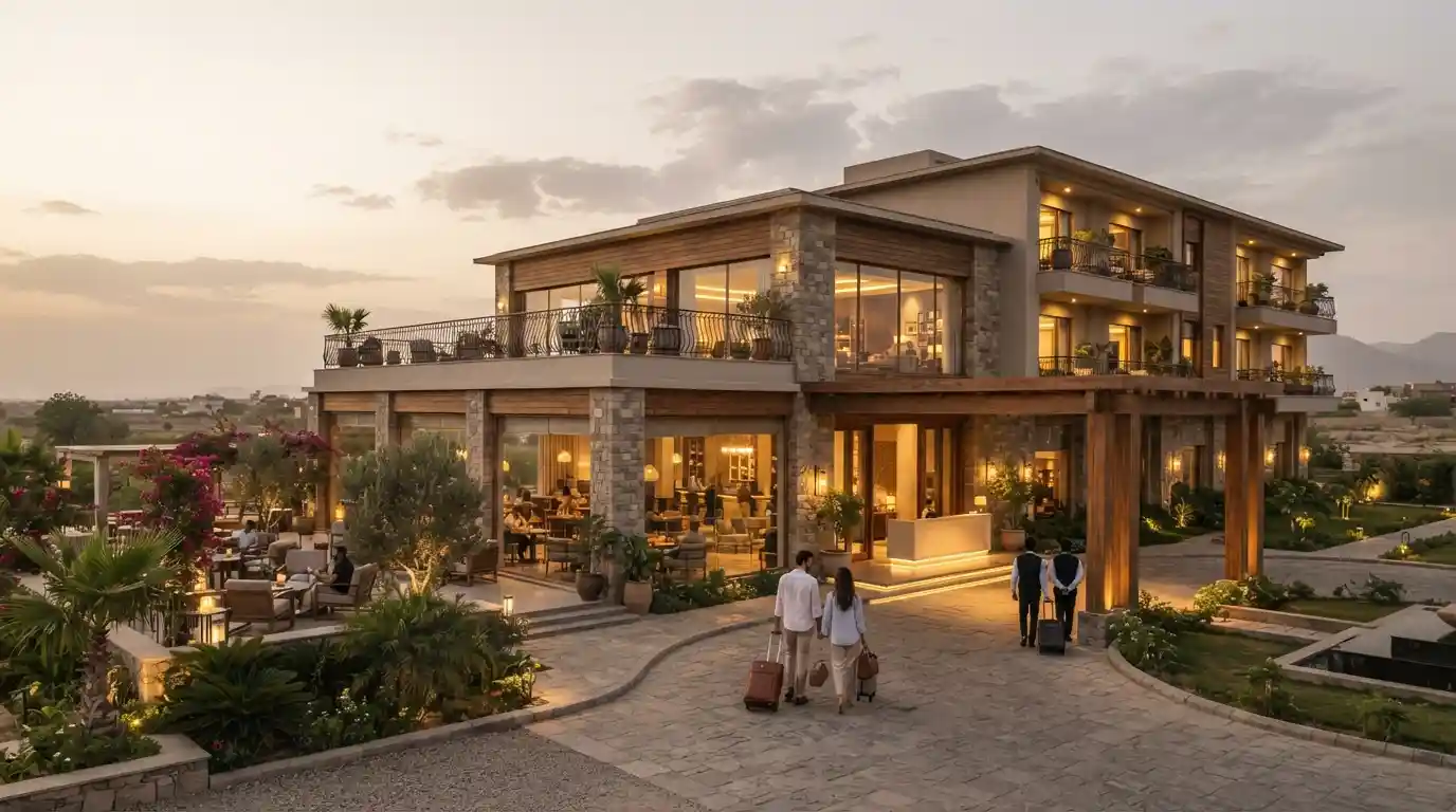 Elegant hotel exterior welcoming travelers during a relaxing getaway