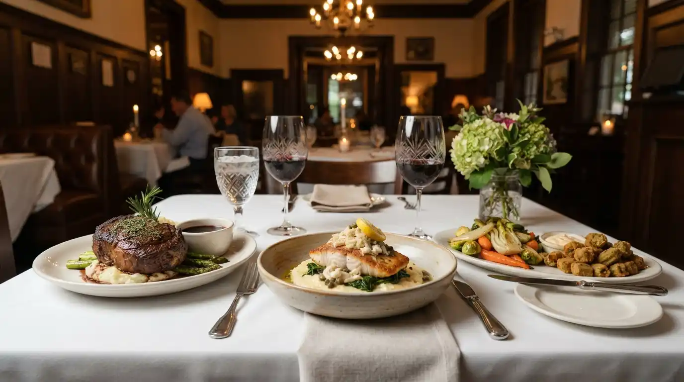 Elegant restaurant table featuring steak, seafood, and seasonal sides in a warm dining setting.