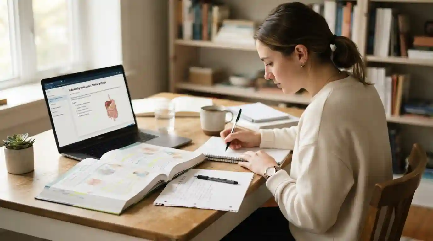 Student studying a health education textbook alongside a laptop and handwritten notes