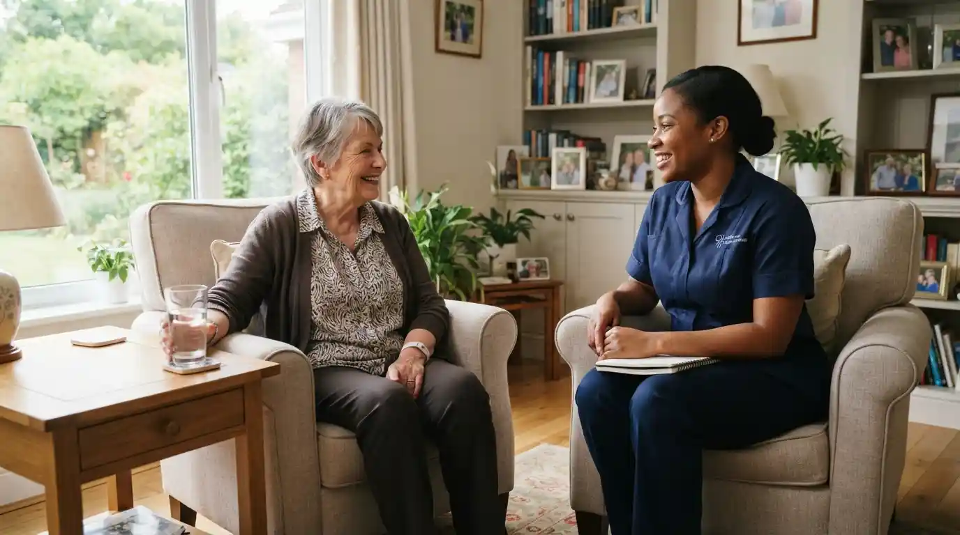 Professional caregiver talking with an older adult in a comfortable home setting