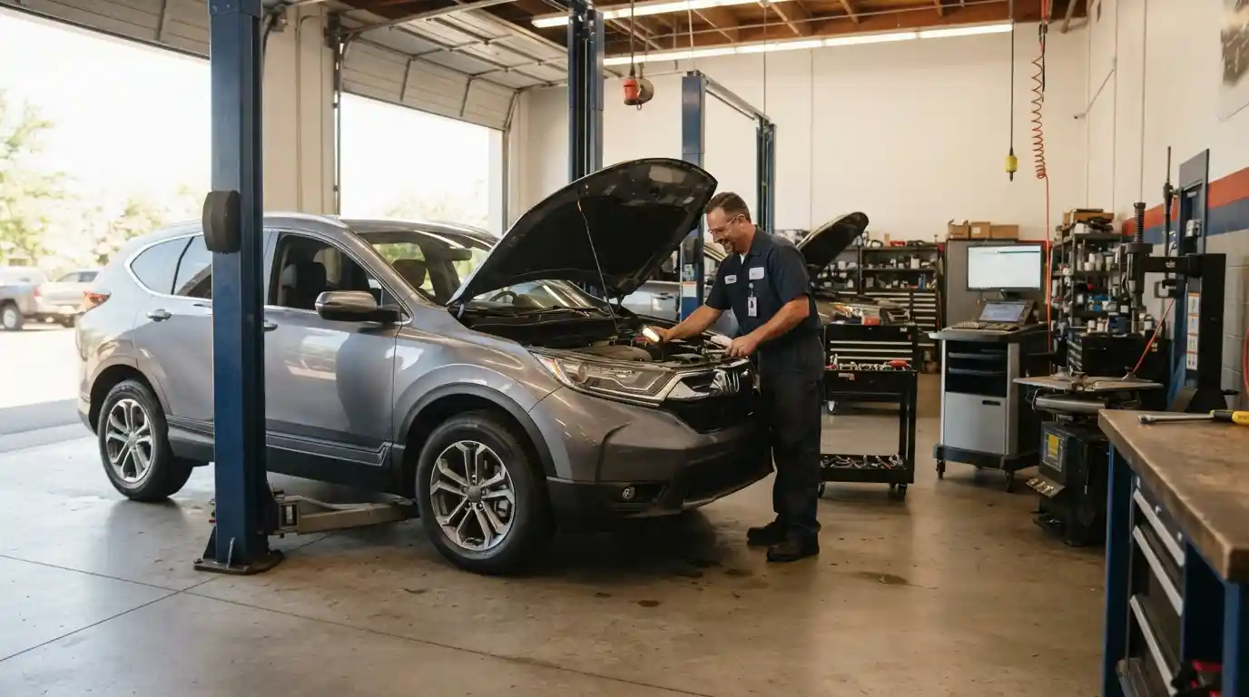 Mechanic inspecting a family SUV inside a clean professional auto service workshop