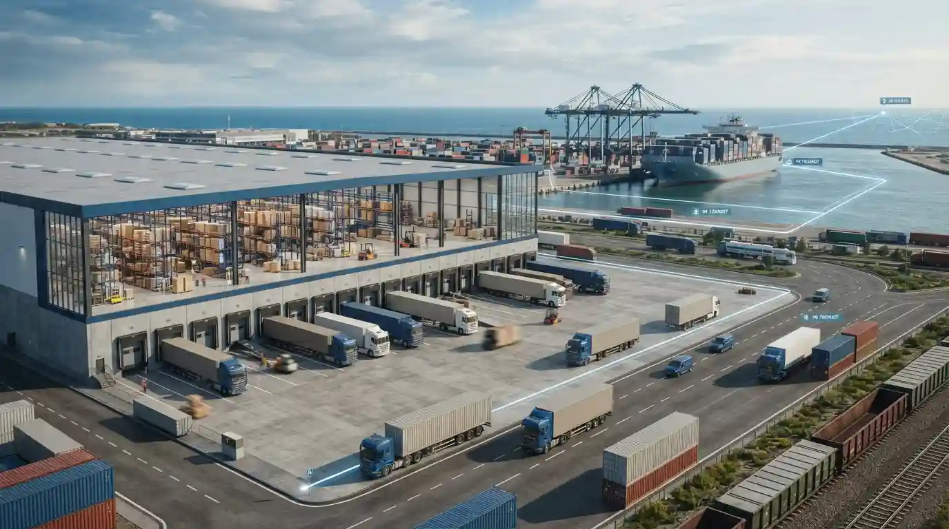 Modern logistics warehouse with freight containers and delivery vehicles representing coordinated supply chain operations.