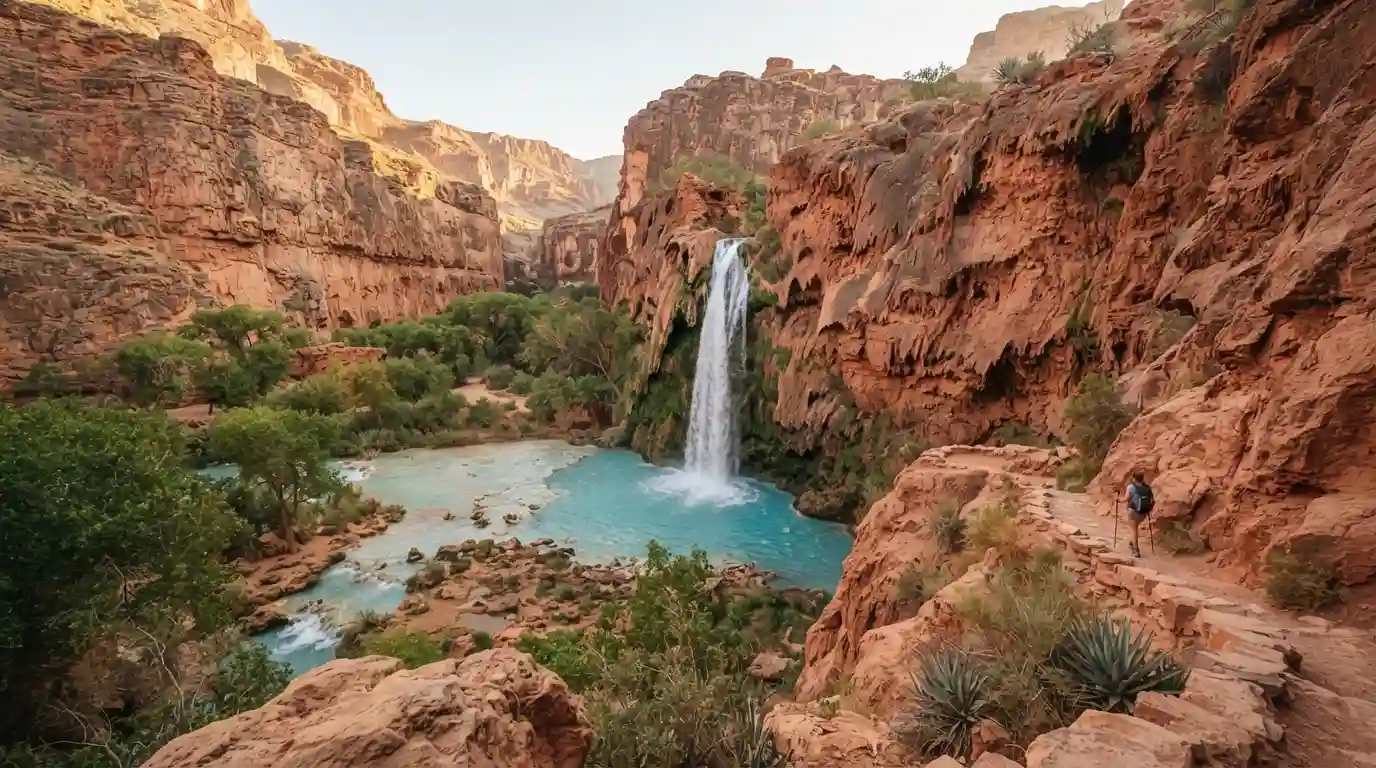 Turquoise Havasu Falls flowing through red rock canyon in Arizona with a hiker nearby