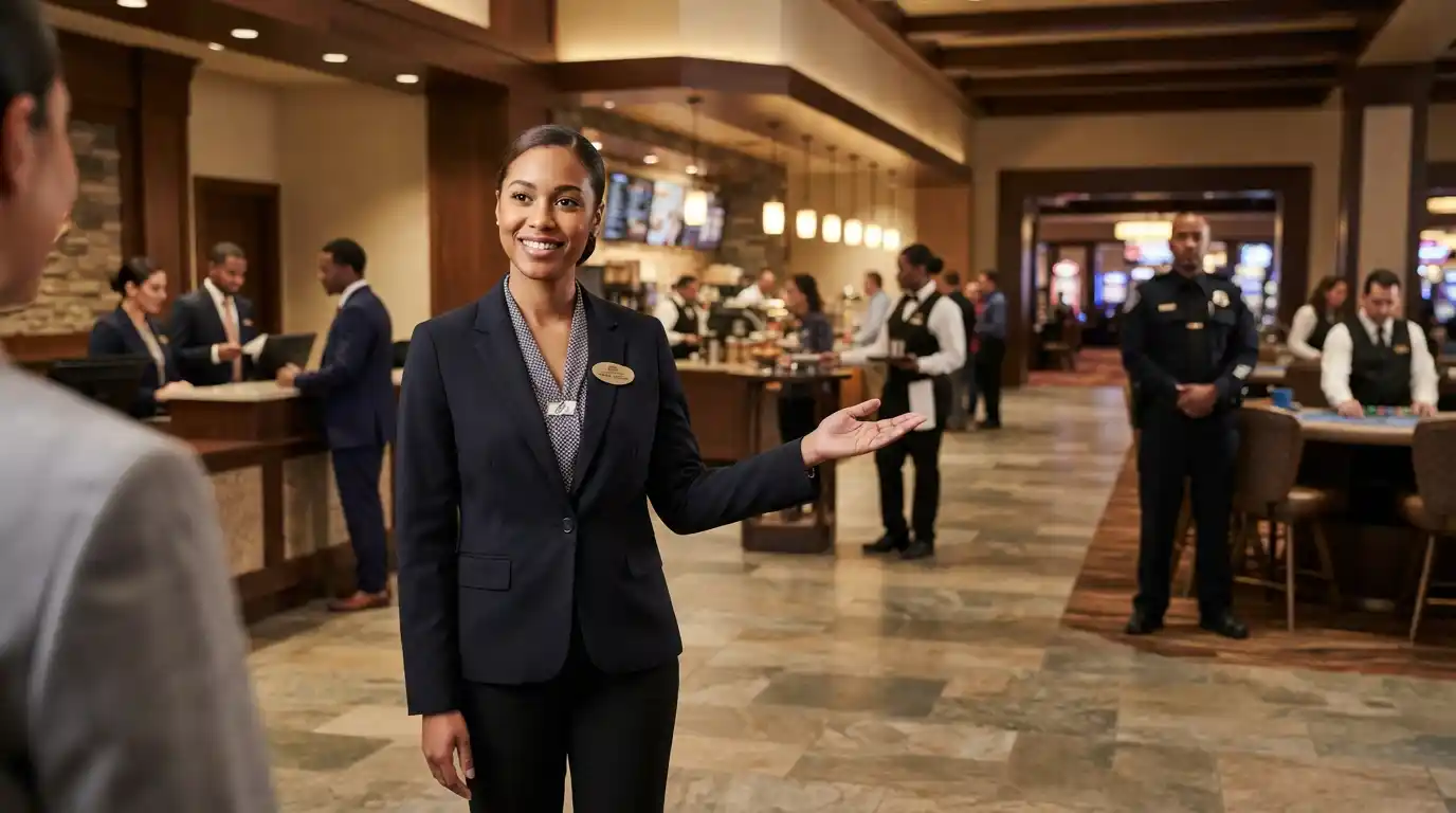 Professional casino employee working in a modern gaming and hospitality environment