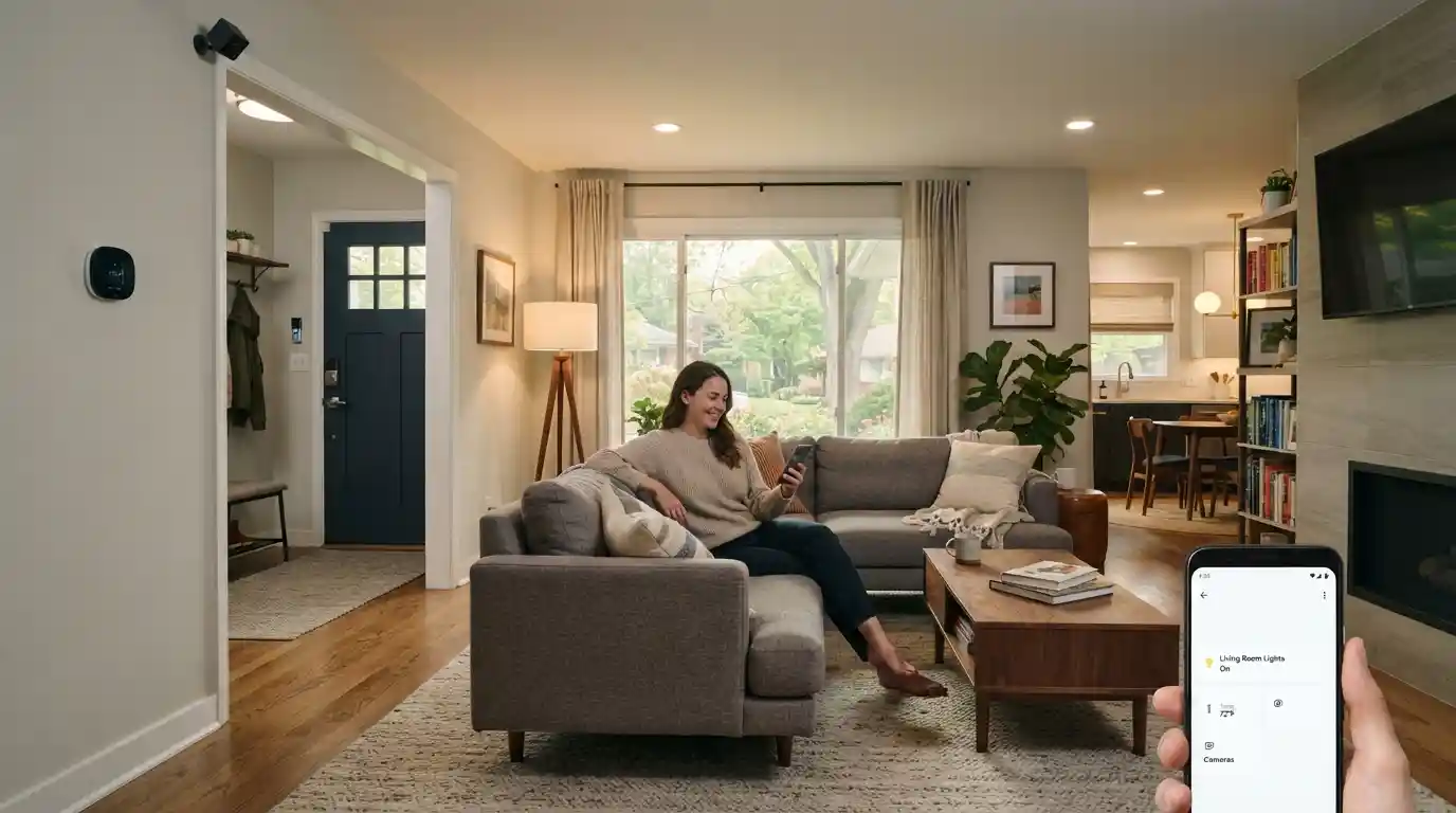 Modern Missouri home interior with connected lighting, smart thermostat, security camera, and smartphone controls