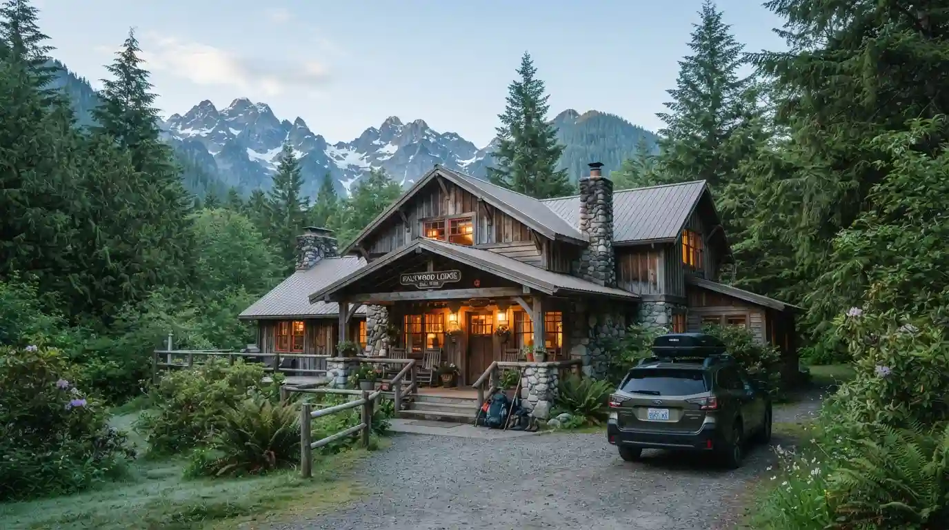 Rustic hotel in Packwood, Washington, surrounded by evergreen trees and Cascade mountain scenery